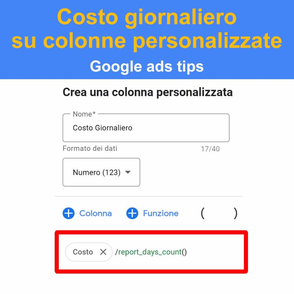 costo giornaliero su colonne personalizzate