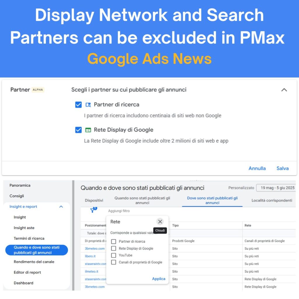 Rete Display e Partner di Ricerca eliminabili in PMax