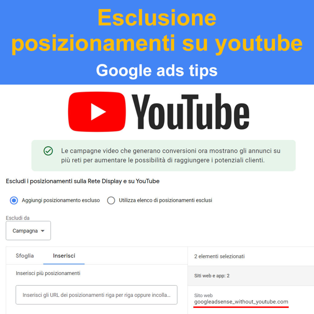 esclusione posizionamenti su youtube