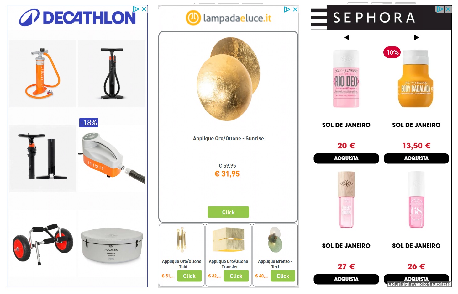Esempi di annunci di remarketing dinamico nella rete display con i prodotti visti dall'utente