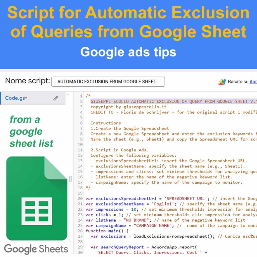 Script per l'esclusione automatica delle query da un foglio Google