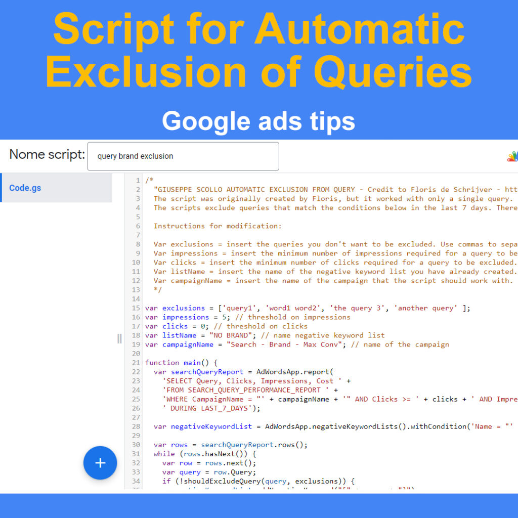 Script Google Ads per la pulizia automatica dei termini di ricerca