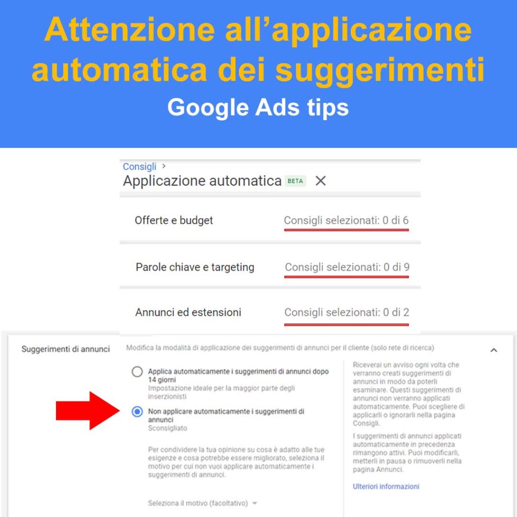 attenzione allapplicazione automatica dei suggerimenti in google ads