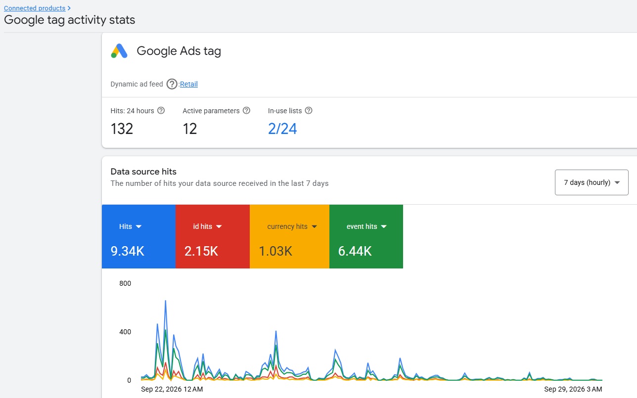 Statistiche di attività del tag Google Ads con hit, parametri attivi ed elenchi in uso
